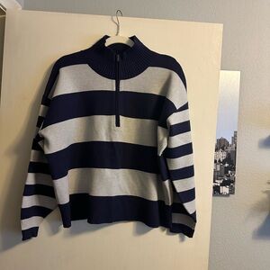 Maeve Striped Navy and Gray Half-Zip Sweater